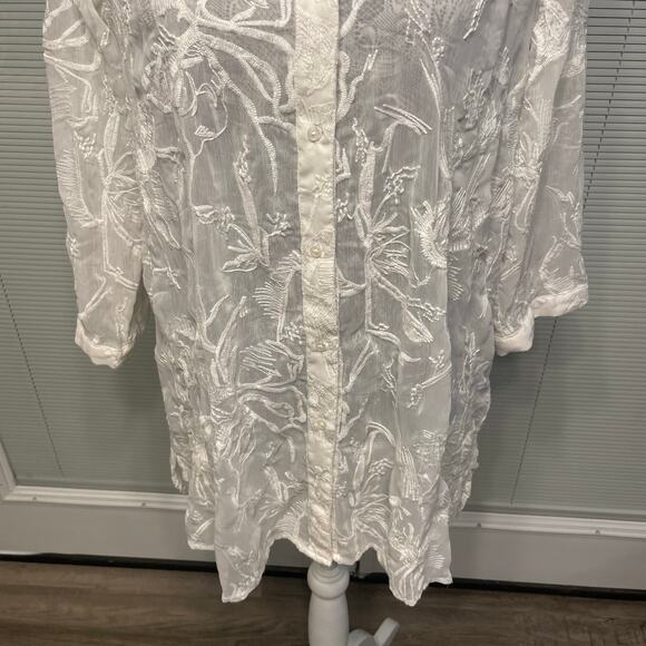 Dana Buchman Sheer Button Up Blouse Embroidered Top White Ivory XL - Picture 3 of 16